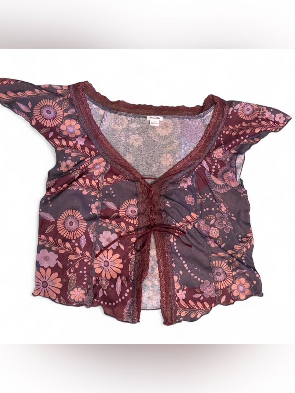 Kimchi Blue Floral Lace-Trim Tie-Front Crop Top in Burgundy and Pink
